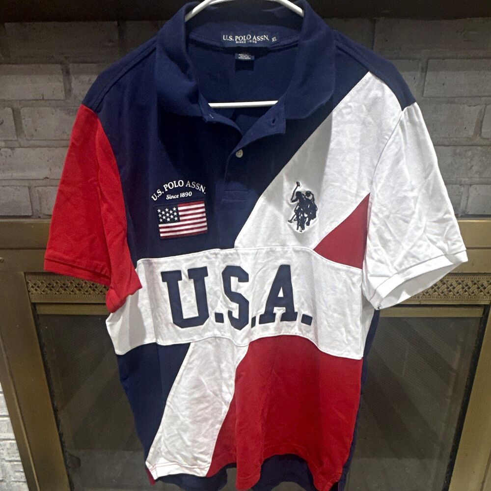 U.S. Polo Assn. Men’s Polo Shirt XL Blue Red White Colorblock USA Flag Cotton